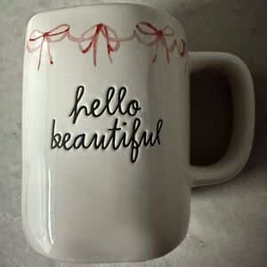 Rae Dunn White Ceramic Mug With “Hello Beautiful” And Pink Bow Embellishments